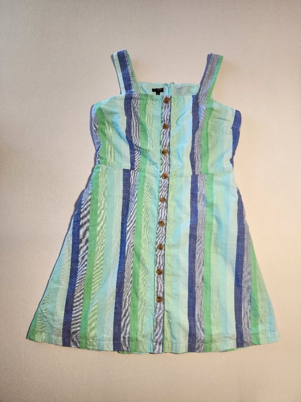 Talbots Size 14P Petite Sleeveless Button Front Midi Dress Blue Green Striped